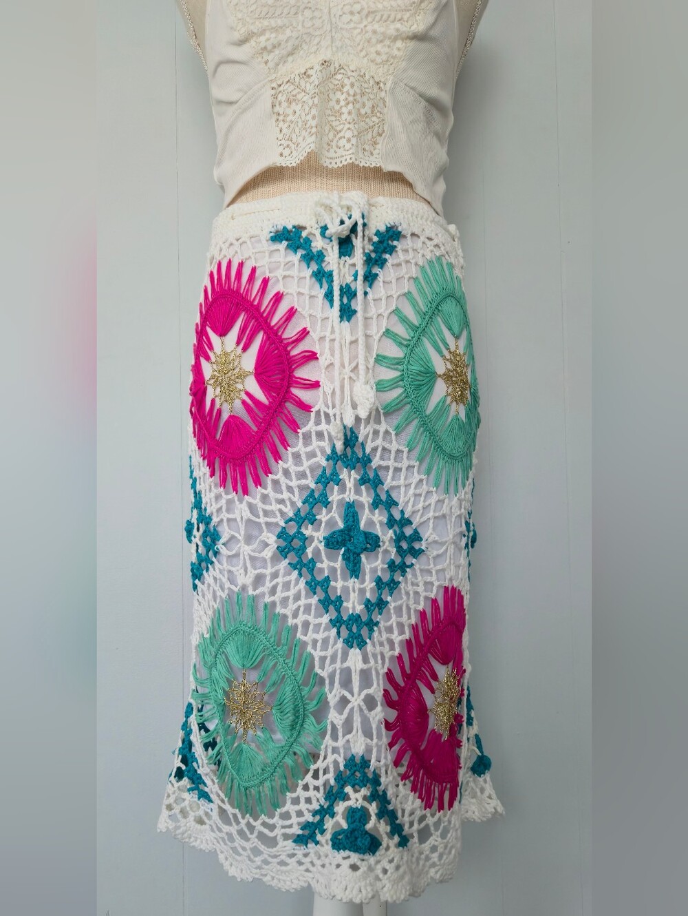 Handmade White Crochet Midi Skirt with Pink & Green Embellishments